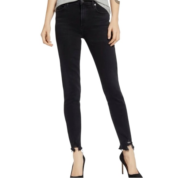 AGOLDE Mid Rise Sophie Black Stretchy Denim Jeans Skinny Size 28 Distressed Hem - Picture 1 of 10